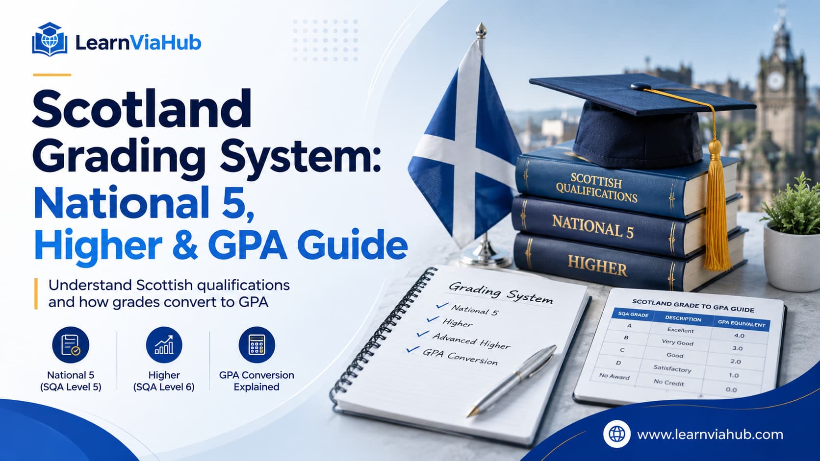 Scotland grading system guide showing National 5, Higher qualifications, GPA conversion, Scottish education symbols, and LearnViaHub branding.