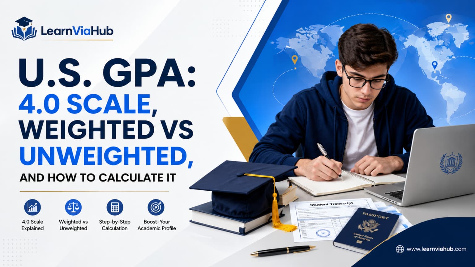 Illustration of the U.S. GPA 4.0 scale tool, comparing weighted vs. unweighted GPA, with a clean calculator interface and a visual scale showing the difference between standard and advanced course credits.
