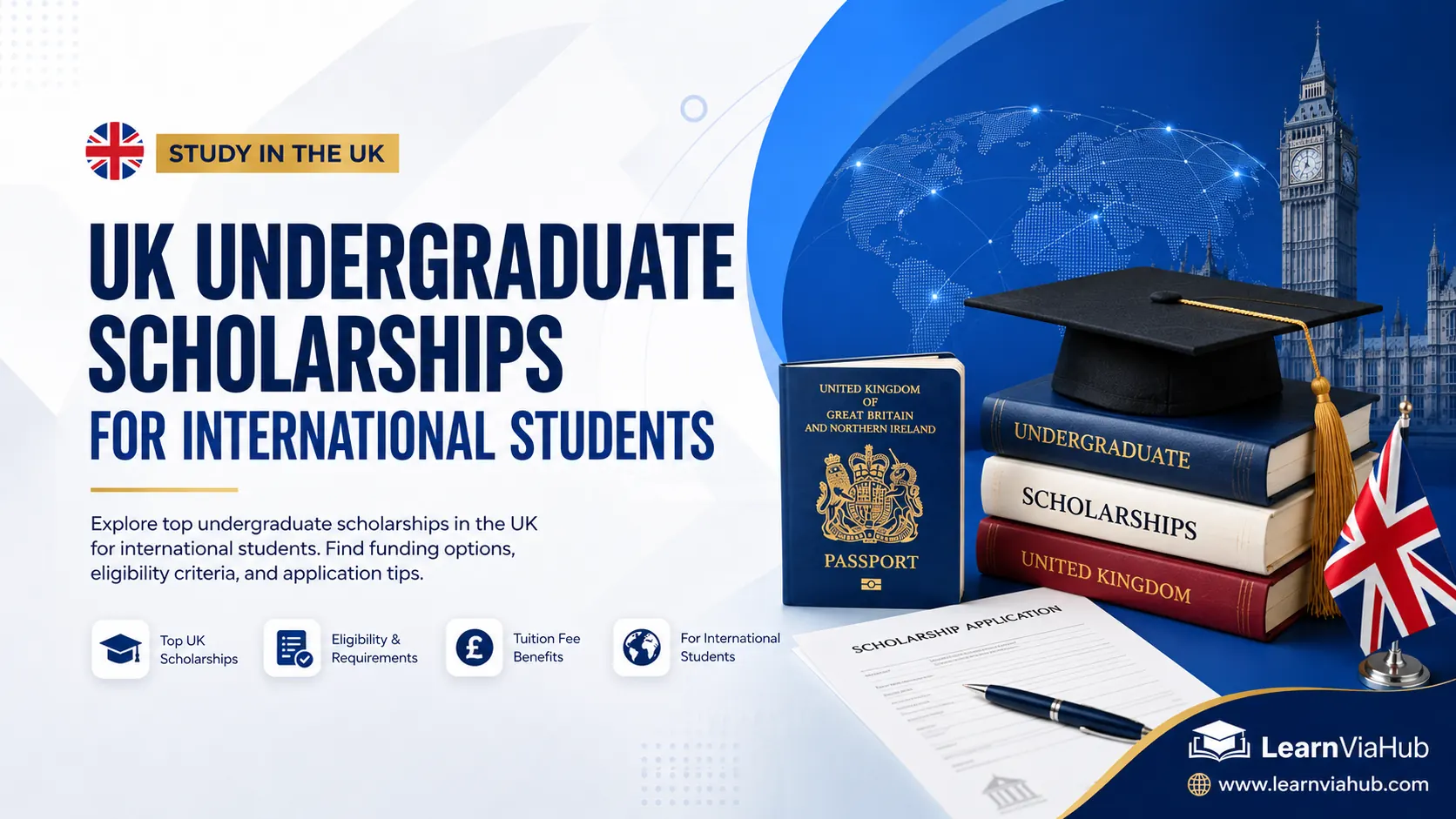 UK Undergraduate Scholarships for International Students featuring scholarship funding opportunities, UK passport, graduation cap, application documents, and study abroad resources on a LearnViaHub educational banner.