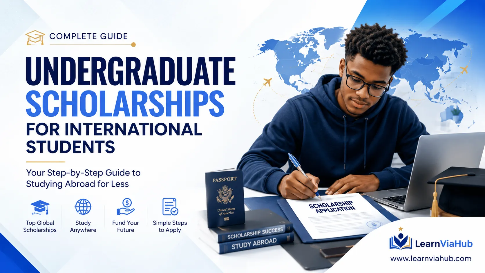 Undergraduate scholarships for international students featuring university student, scholarship award documents, graduation cap, passport, academic records, and global education symbols representing study abroad funding opportunities.
