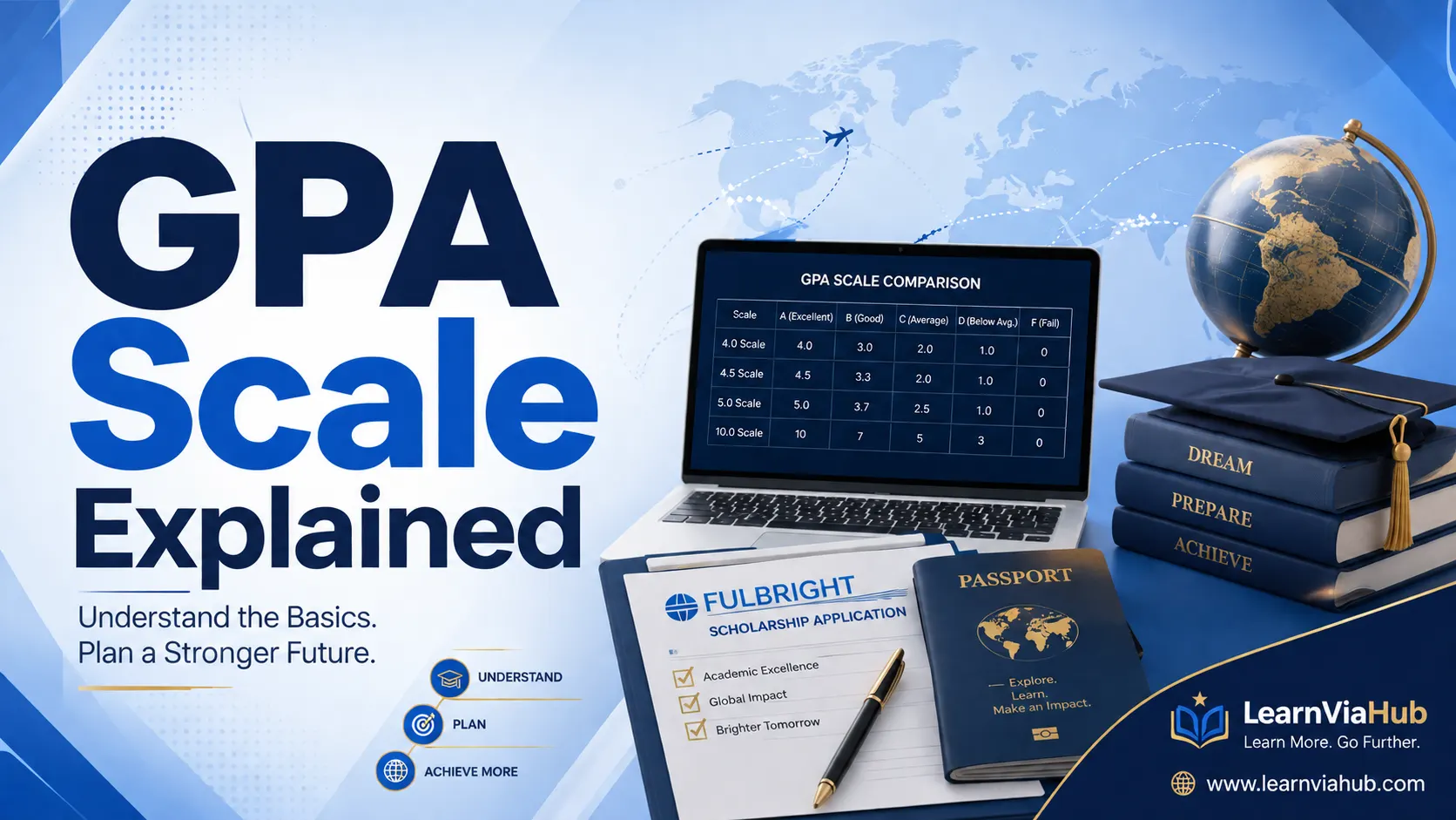 GPA scale explained infographic showing GPA comparison chart, scholarship application documents, graduation cap, passport, globe, and academic resources for international students planning to study abroad.