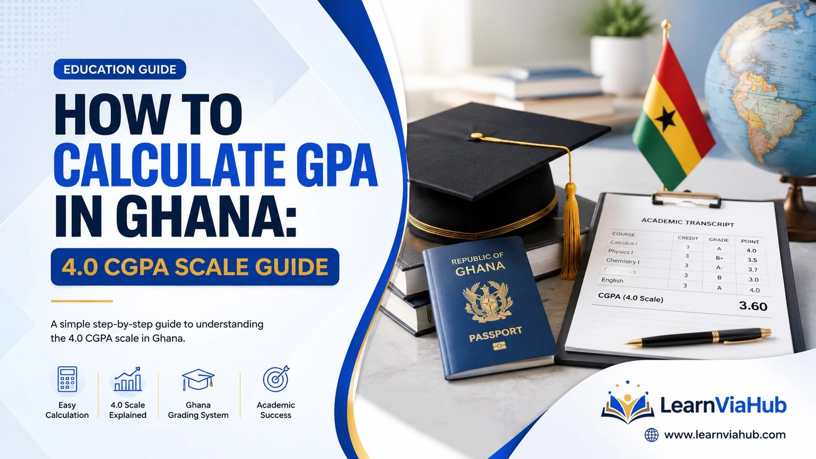 LearnViaHub featured image showing how to calculate GPA in Ghana using the 4.0 CGPA scale, with a Ghana passport, graduation cap, academic transcript, globe, and Ghana flag.