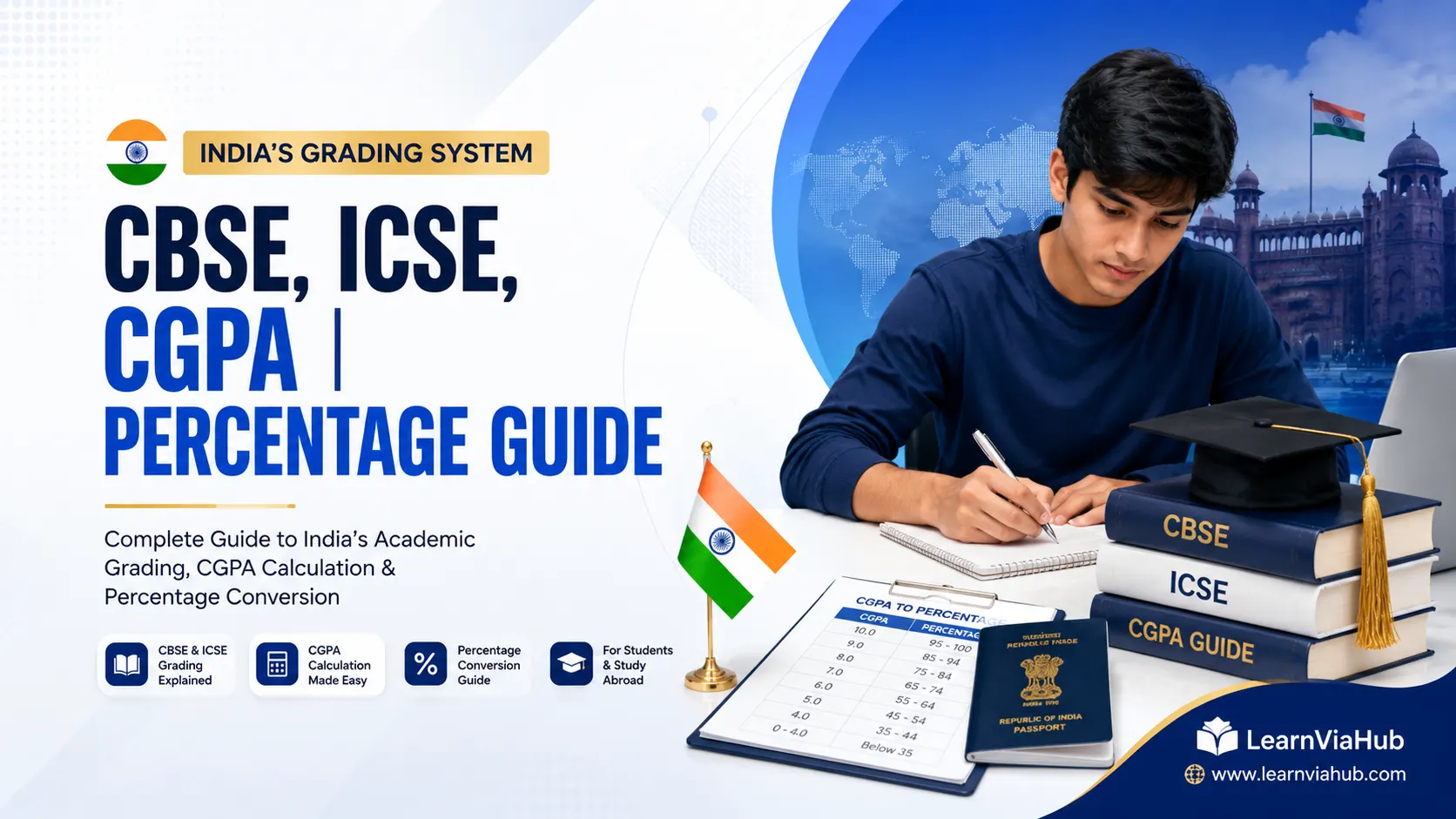 India’s grading system guide showing CBSE, ICSE, CGPA, and percentage conversion chart with Indian student, graduation cap, academic materials, Indian passport, and national landmarks for study abroad and GPA evaluation.