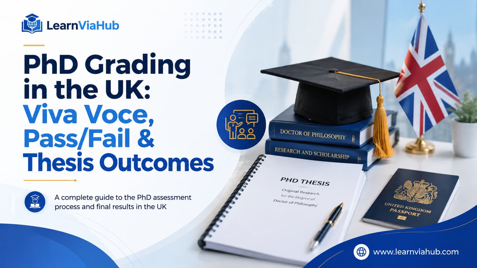 PhD grading in the UK featuring viva voce assessment, pass or fail outcomes, thesis evaluation, graduation cap, PhD thesis, and UK academic symbols on a LearnViaHub branded background.