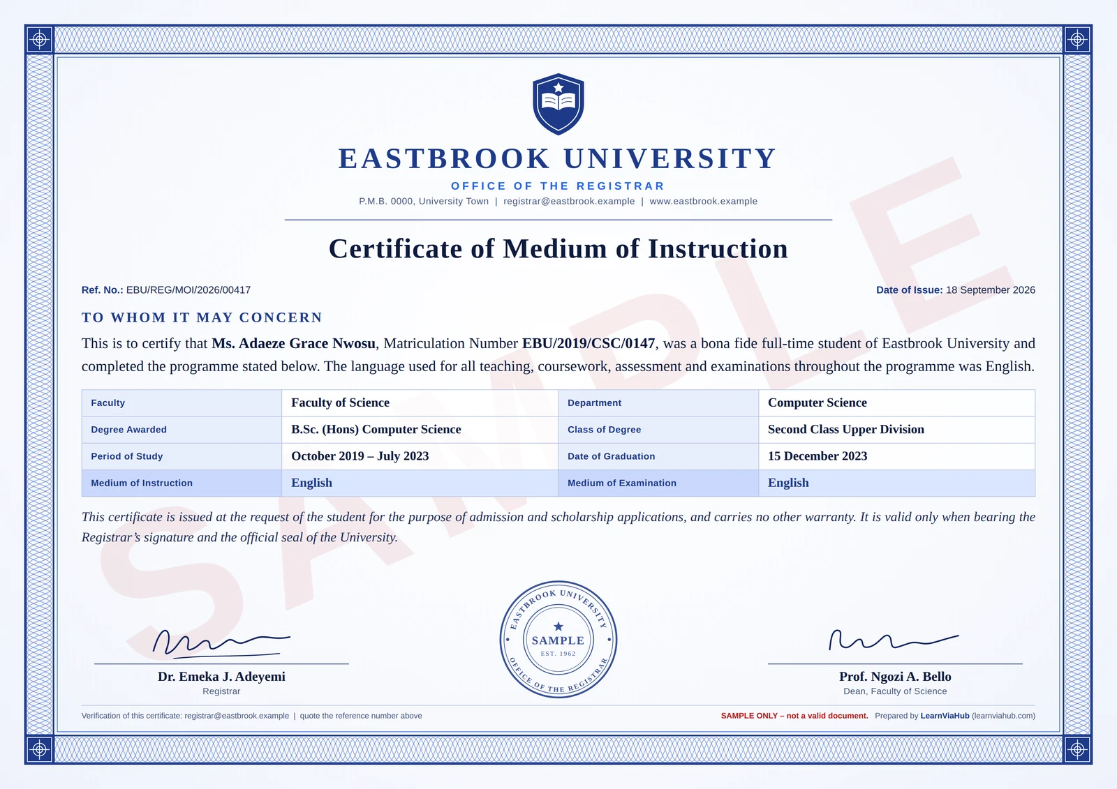 Sample Medium of Instruction certificate from Eastbrook University showing: reference number, date of issue, student name and matriculation number, degree awarded with class, period of study, graduation date, a statement that instruction and examination were in English, university seal, and signatures of the Registrar and Dean